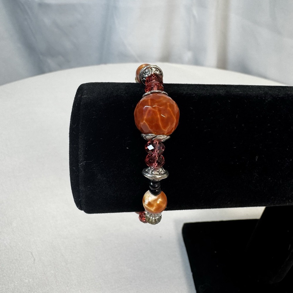 Handmade Fire Agate Beaded Bracelet Orange Crystal Silver Tone Toggle Clasp 7.5"